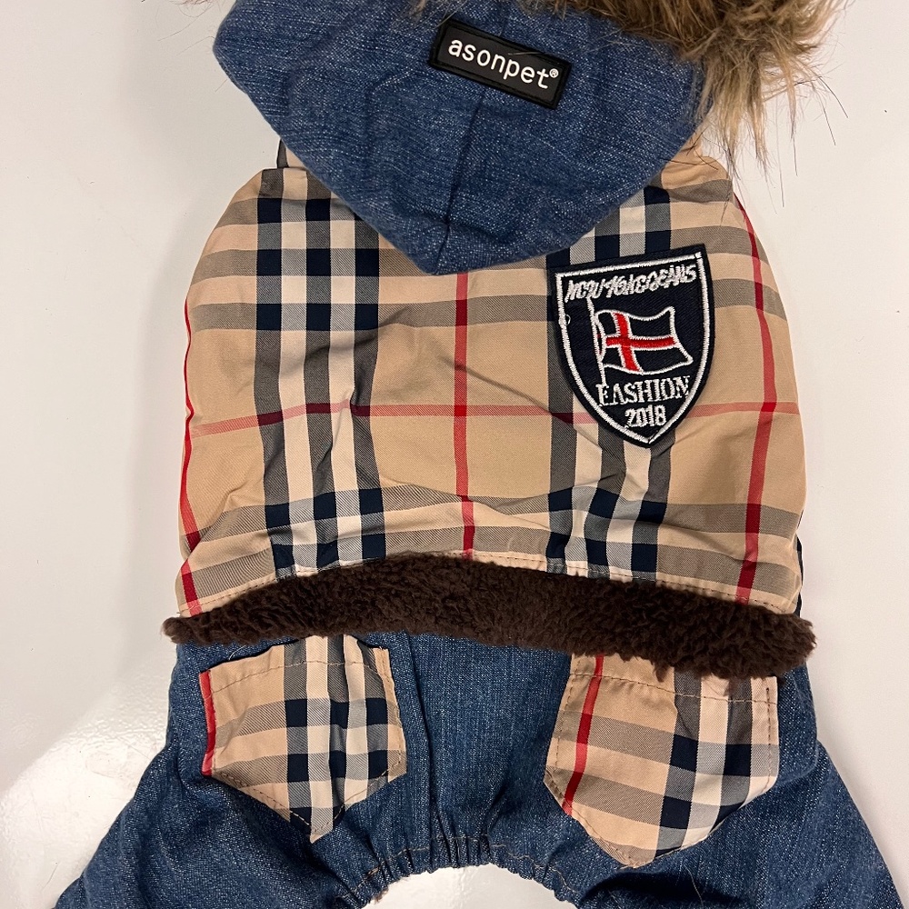 Adorable plaid and jean coat with cozy inside only worn to model